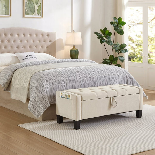 English Elm Ottoman Storage Bench Tufted Linen Upholstered Entryway Seat with Lift Top Shelf Beige W2186P465442