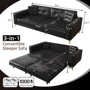 English Elm 92.1"king Faux Leather Convertible Sleeper Sofa Tufted 4 Seat Pull Out Living Room Couch Black W1885S00407
