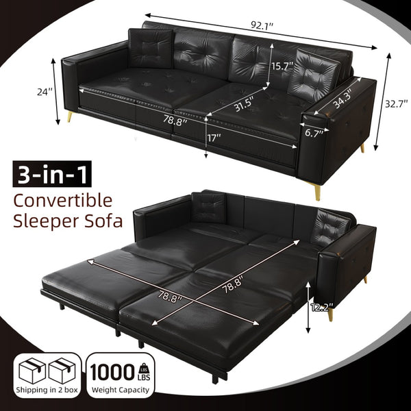 English Elm 92.1"king Faux Leather Convertible Sleeper Sofa Tufted 4 Seat Pull Out Living Room Couch Black W1885S00407