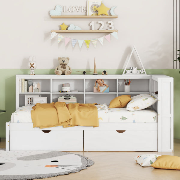 English Elm Wooden Twin Daybed with 2 Drawers, Built-In USB Charging & Double Shelf Storage, Pine Frame Durable White 42.91 L x 16.73 W x 6.69 H N733S170510K