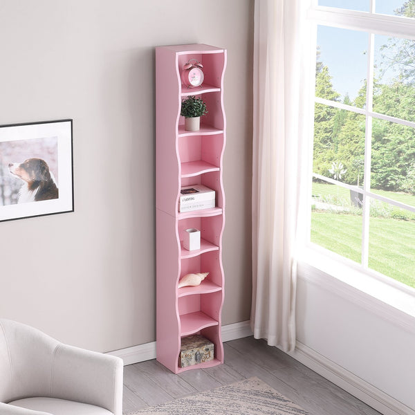 English Elm 8-layer ultra-thin 8-tier tall bookshelf with wavy edge design, space-saving display shelf for home office Pink W487P339355