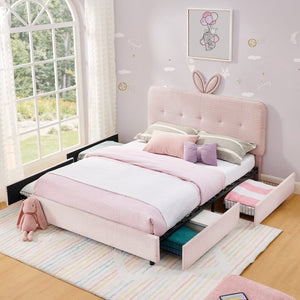 English Elm Full Size Kids Storage Bed Boucle Upholstered Rabbit Ear Headboard with Led Lighting Pink W1413P384923