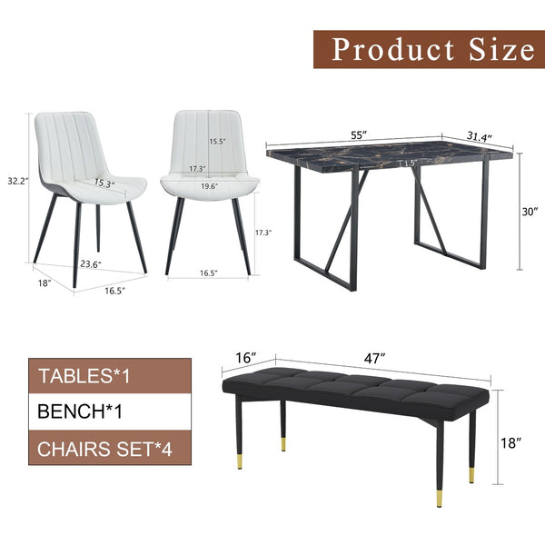 English Elm Table Modern Black Marble Pattern Dining Set - 6-Piece With Pu Chairs & Bench For Elegant Dining W1151S03579-GIGA
