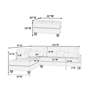 English Elm 3-PC Sectional Blue Gray Fabric Sofa Set with Reversible Chaise, Ottoman & Wood Frame, 104"W x 35"H B089S00113