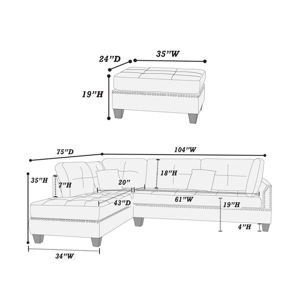 English Elm 3-PC Sectional Blue Gray Fabric Sofa Set with Reversible Chaise, Ottoman & Wood Frame, 104"W x 35"H B089S00113