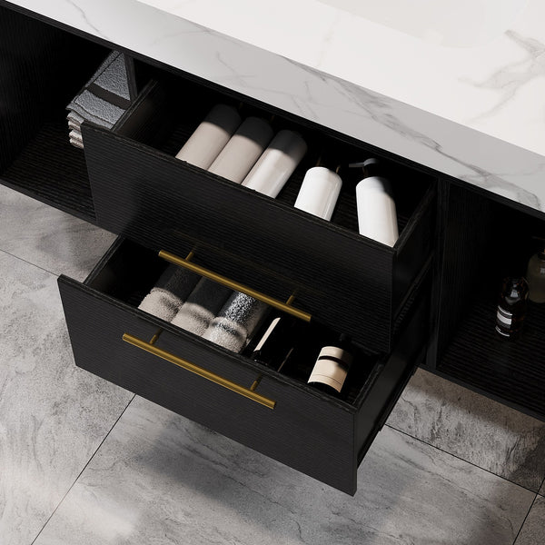 English Elm 39.4" Floating Bathroom Vanity with Ceramic Sink, Solid Wood, Faux Marble Top, Gold Handles, 39.4" W3136S00002