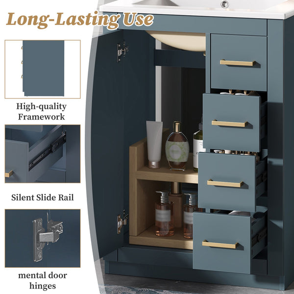 English Elm 24" Bathroom Vanity With Ceramic Sink - Stylish Blue Cabinet, Soft-Close Drawers & Modern Elegance N710P341038C