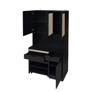 English Elm 69.29" Modern Buffet Cabinet with Cable Hole Cover, Mobile Kitchen Cart, Adjustable Shelves & Rattan Doors, Black W688S00054