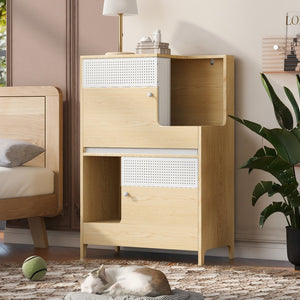 English Elm Modern 2 IN 1 Cat Furniture Litter Box Enclosure with Flip-Down Door, Grooved Entry & Storage Shelf N843P251413N