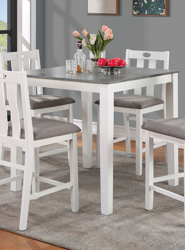 English Elm White 5pc Counter Height Dining Set with Two-Tone Gray Linen Seats, Solid Wood Table & Keyhole Chairs B011P230002