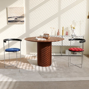 English Elm Folding mid-century modern cantilever dining chair with chrome frame, wooden back and upholstered seat Blue W2105P250641