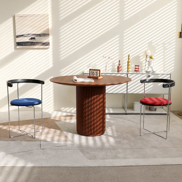 English Elm Folding mid-century modern cantilever dining chair with chrome frame, wooden back and upholstered seat Blue W2105P250641