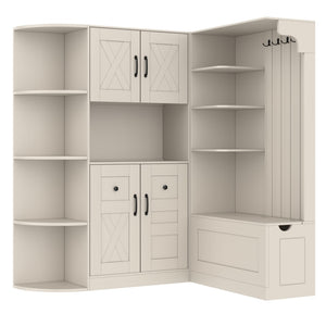 English Elm Multifunctional Modular Hall Tree Cabinet with Open Shelves and Hooks for Entryway Beige W1580S00565
