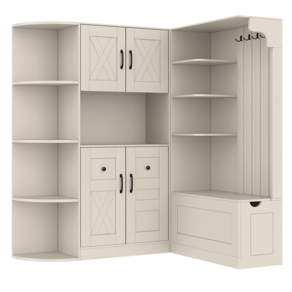English Elm Multifunctional Modular Hall Tree Cabinet with Open Shelves and Hooks for Entryway Beige W1580S00565
