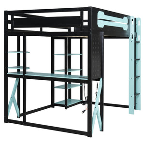 English Elm Full Size Loft Bed with Rgb Lighting Chevron Desk Usb Charging Ports and Storage Shelves Black+Blue LT000286AAC