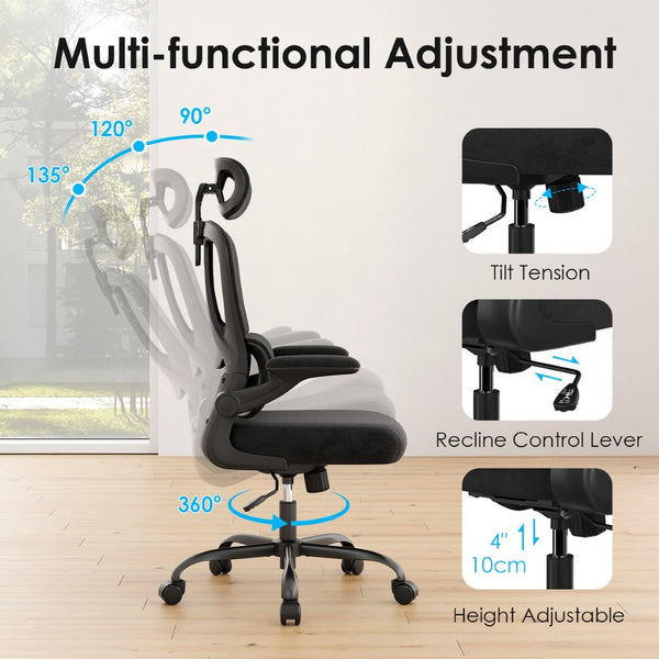 English Elm Ergonomic Mesh High Back Desk Chair with Lumbar Support Flip up Arms and Headrest Black T3623P434266