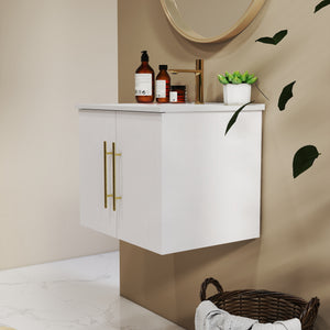 English Elm 24-Inch Wall-Mounted Bathroom Vanity With Ceramic Sink, Soft-Close Doors, Stylish Gold Handles & Storage W3151S00032