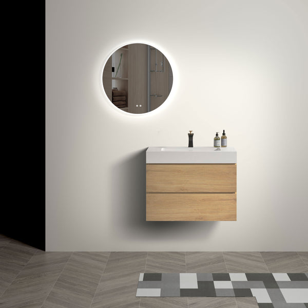 English Elm U041-Alice30-106 Alice 30" Natural Oak Wall-Mounted Vanity with Integrated Solid Surface Sink, Soft-Close Drawers W1865S00041