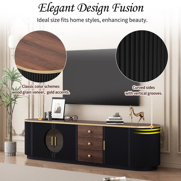 English Elm VIBE Elegant 70.8" Modern TV Stand with Gold Accents, Glass Cabinets, 3 Drawers & Cable Management Black SJ000131AAB