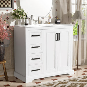 English Elm 36" Modern Bathroom Vanity with Ceramic Sink, Soft-Close Doors, 3 Drawers & Ample Storage for Small Baths White N729P280194K