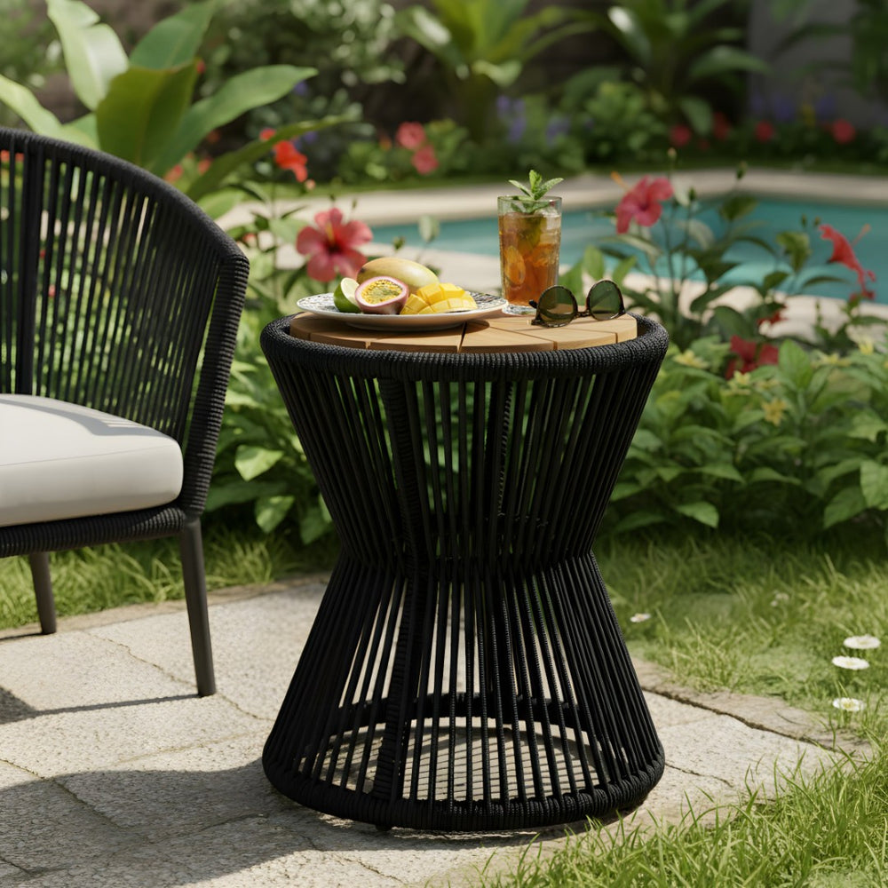 English Elm Outdoor Acacia Wood Top Side Table Woven Rope Iron Frame Hourglass Patio Accent Black,Teak N770P354690B
