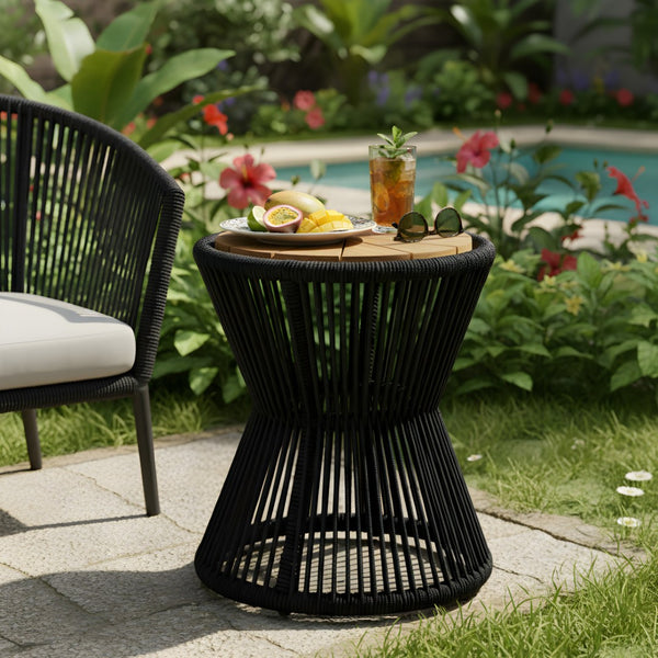 English Elm Outdoor Acacia Wood Top Side Table Woven Rope Iron Frame Hourglass Patio Accent Black,Teak N770P354690B