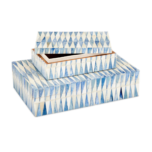 Nadene Decorative Box Set of 2 – Handcrafted Blue and Ivory Bone Storage Boxes for Coastal Decor
