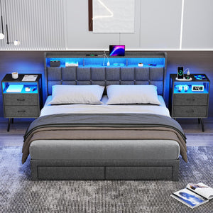 English Elm 2 Pack Modern Nightstand With Charging Station & Led Light - Stylish Bedside Tables With Fabric Drawers W1550P272496