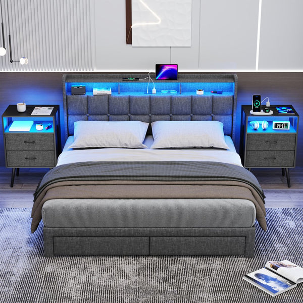 English Elm 2 Pack Modern Nightstand With Charging Station & Led Light - Stylish Bedside Tables With Fabric Drawers W1550P272496