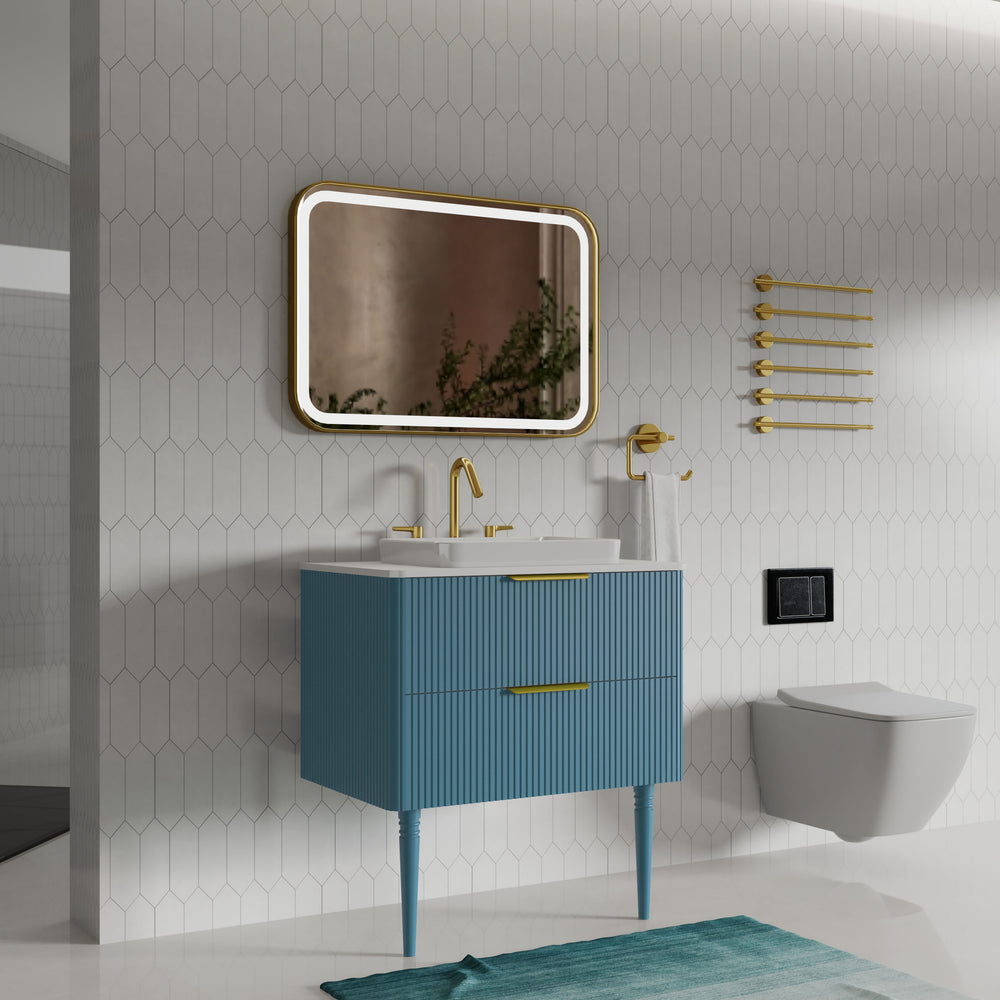 English Elm Elena 30" Striped Oak Bathroom Vanity with Ceramic Sink, Freestanding or Wall-Mount, Soft-Close Drawers Blue W1865S00080