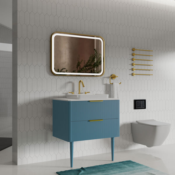 English Elm Elena 30" Striped Oak Bathroom Vanity with Ceramic Sink, Freestanding or Wall-Mount, Soft-Close Drawers Blue W1865S00080