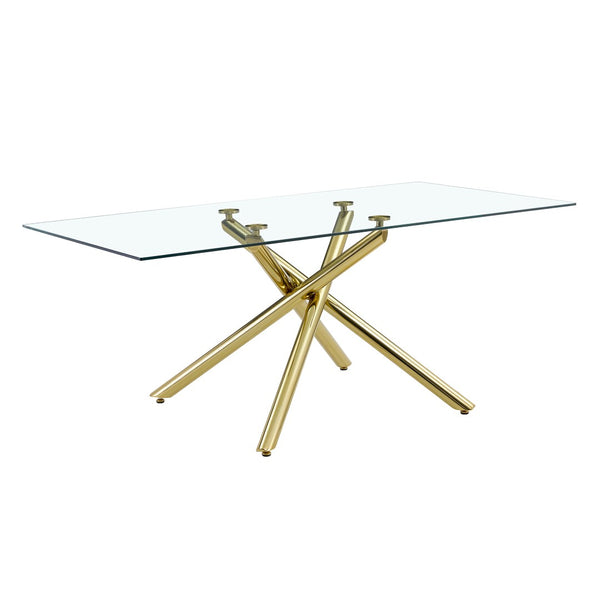 English Elm Table Modern Luxurious Glass Dining Set With 8 Ergonomic Chairs, Gold Legs & White Pu Upholstery W1151S02588-GIGA