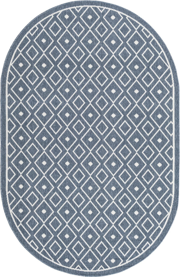 Unique Loom Outdoor Trellis Kafes Machine Made Geometric Rug Navy Blue, Ivory 5' 3" x 8' 0"