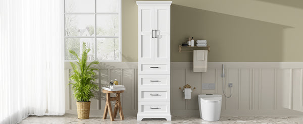 English Elm 71.6" Free-Standing Bathroom Vanity with Soft-Close Doors, 3 Drawers, Adjustable Shelves, White Finish N729P335599K