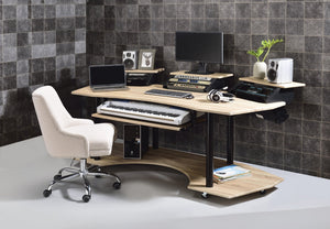 English Elm 83" Eleazar Black music recording studio desk with keyboard storage, metal frame, casters, pro workspace Oak 39 L x 19 W x 4 H B2726S00136