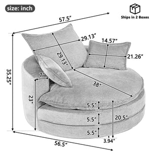 English Elm 360° Oversized Swivel Lounge Chair with 38" Deep Seat Dual-Layer Cushion Corduroy Accent Pillows Grey N719S002100E