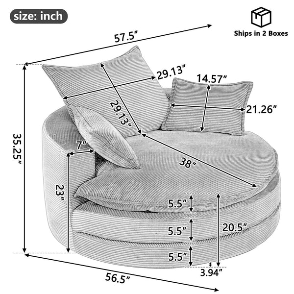 English Elm 360° Oversized Swivel Lounge Chair with 38" Deep Seat Dual-Layer Cushion Corduroy Accent Pillows Grey N719S002100E