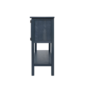English Elm 46'' Solid Pine Retro Buffet Server with Iron Hardware Drawers Cabinets and Open Shelf Navy Blue W1202P457252