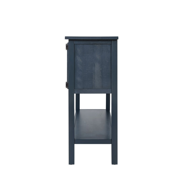 English Elm 46'' Solid Pine Retro Buffet Server with Iron Hardware Drawers Cabinets and Open Shelf Navy Blue W1202P457252
