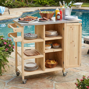 English Elm Foldable Outdoor Kitchen Cart with Stainless Worktop Fir Wood Frame and Lockable Wheels Natural N719P380281N