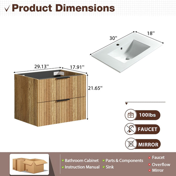 English Elm 30 Inch Floating Bathroom Vanity Fluted Wood Grain Front with Ceramic Integrated Sink W3520S00044