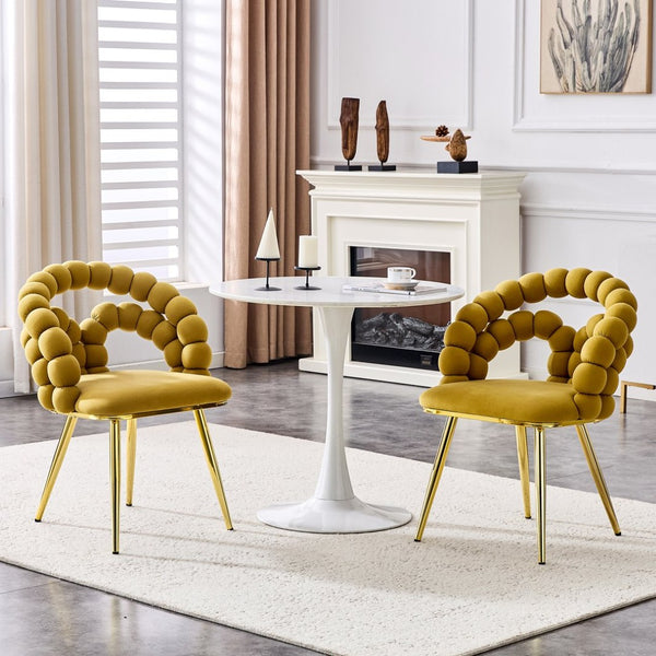 English Elm Set of 2 Velvet Bubble Backrest Dining Chairs with Sculptural Form and Glam Metal Legs Gold,Yellow W3875P370844