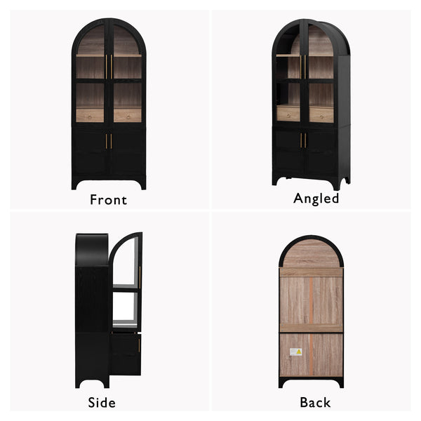 English Elm K&K Arched 71" Kitchen Pantry Cabinet with Glass Doors, Brass Handles, Adjustable Shelves & Drawer Black N707P288969B