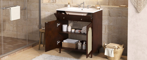 English Elm 30" Rattan Front Bathroom Vanity Solid Pine Cabinet with Ceramic Sink and Adjustable Shelf Walnut N710P293988P