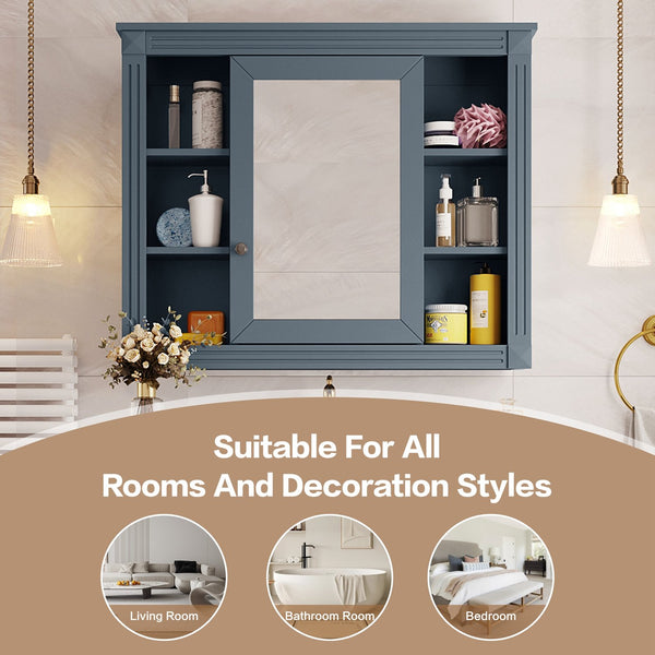 English Elm 35'' Modern Medicine Cabinet with Mirror and Towel Rod, MDF Wall-Mounted Bathroom Storage with Adjustable Shelves and Soft-Close Hinges Blue WF305081AAC