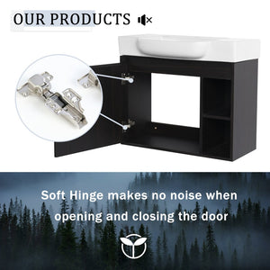 English Elm 28'' Floating Bathroom Vanity with Ceramic Sink Soft Close Door Melamine Cabinet Dark Oak W999P426640