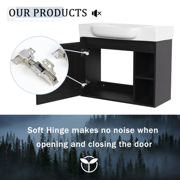 English Elm 28'' Floating Bathroom Vanity with Ceramic Sink Soft Close Door Melamine Cabinet Dark Oak W999P426640