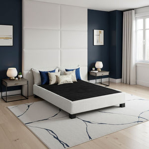 English Elm Modern Low Profile King Platform Bed Base Upholstered in Soft Polyester Fabric Beige B108P468536