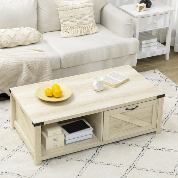 English Elm HOMCOM Farmhouse Coffee Table with Flip Lift Top and Hidden Storage, Square Center Table, Rustic Charm Natural W2225P217452
