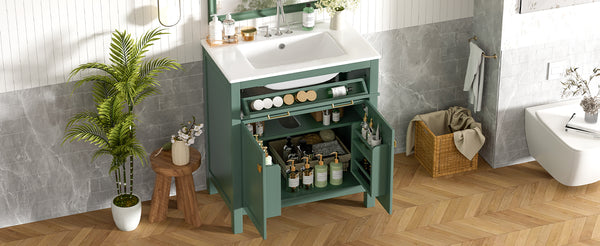 English Elm 30-inch Modern Bathroom Vanity with Ceramic Sink, Gold Accents, Solid Wood Frame, Soft-Close Doors and Ample Storage Green WF324045AAF